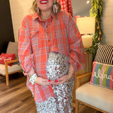 Coral Blue Oversized Plaid Top