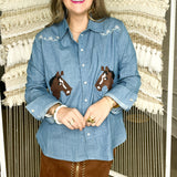 Denim Embroidered Horse Button Up