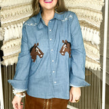 Denim Embroidered Horse Button Up