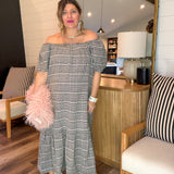 Gingham Off The Shoulder Maxi Dress - Black
