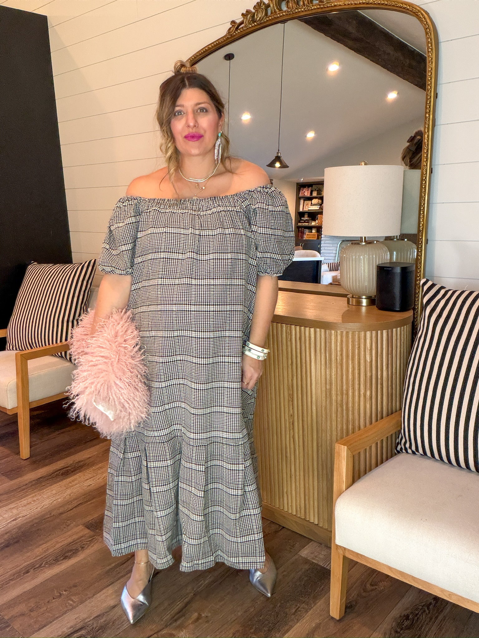gingham off the shoulder dress Atlanta Rose-Appliqu Off-the-Shoulder Dress