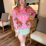 Pink Palms Knit Pullover Top