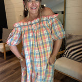 Mixed Media Plaid Off The Shoulder Dress