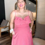 Cherry Blossom Bow Gingham Midi Dress - Red