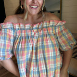 Mixed Media Plaid Off The Shoulder Dress