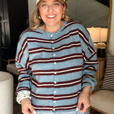 Piper Cardigan - Burgundy + Blue Stripes