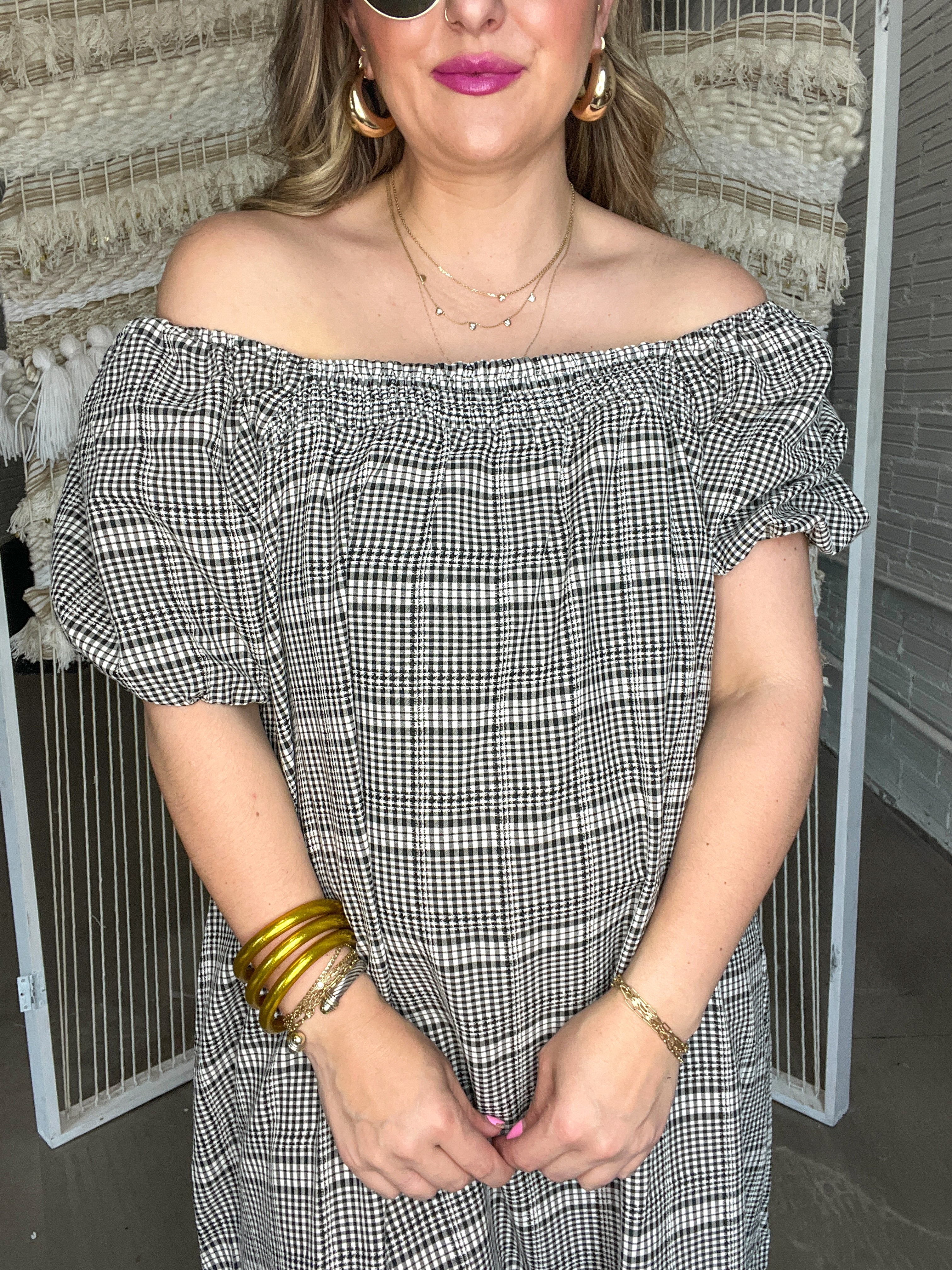black gingham off the shoulder dress Revisit the charm of the 50s with this Lily Off-Shoulder Gingham Dress! From its full skirt to the classic black gingham print, it's retro style at its best #RetroFashion #VintageDreams #
