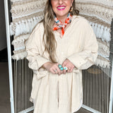 Seaside Oversized Button Down - Taupe + White