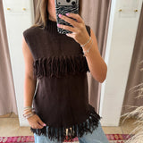 The Joplin Fringe Sweater Tank Top - Brown