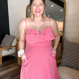 Cherry Blossom Bow Gingham Midi Dress - Red