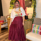 Pleated Hour 3-Tiered Maxi Skirt - Burgundy