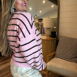 Piper Cardigan - Flamingo Pink + Brown Stripes