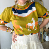 Pasture Print Short Sleeve Knit Top - Verde Green