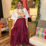 Pleated Hour 3-Tiered Maxi Skirt - Burgundy