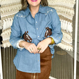 Denim Embroidered Horse Button Up