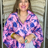 Running Horses Oversized Blouse Top - Pink + Blue