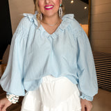Ruffle My Collar Top - Pinstripe Blue