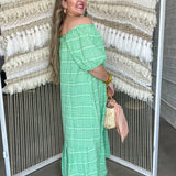 Gingham Off The Shoulder Maxi Dress - Green