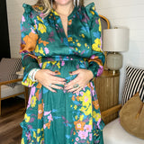 Painted Petals Floral Smocked Midi Dress - Emerald