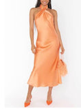 Jasmine Halter Midi Dress- Cantaloupe Luxe Satin