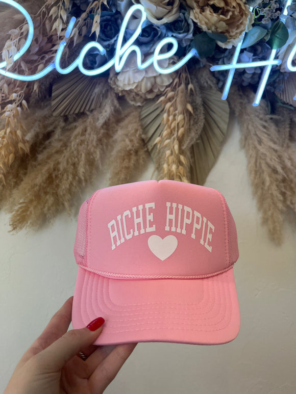 Riche Hippie Trucker Hat- Pink and White