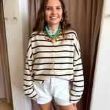 The Piper Cardigan - Navy + Natural Stripe