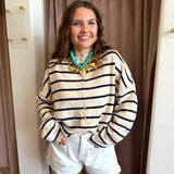 The Piper Cardigan - Navy + Natural Stripe