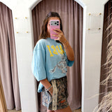 The Very Oversized Rhinestone Girl Tee - Sky