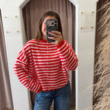 The Piper Cardigan - Large Red + Pink Stripes