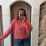 The Piper Cardigan - Large Red + Pink Stripes