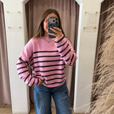 Piper Pullover - Flamingo Pink + Brown Stripes