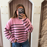 Piper Pullover - Flamingo Pink + Brown Stripes
