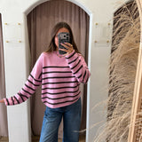 Piper Pullover - Flamingo Pink + Brown Stripes