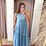 Gingham Fields Asymmetrical Maxi Dress - Blue