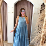 Gingham Fields Asymmetrical Maxi Dress - Blue