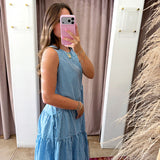 Gingham Fields Asymmetrical Maxi Dress - Blue