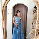 Gingham Fields Asymmetrical Maxi Dress - Blue