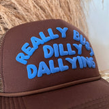 Dilly Dally Trucker Hat - Brown + Blue