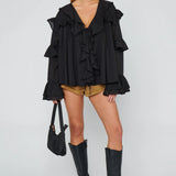 {MUMU} Joss Ruffle Top - Black Voile