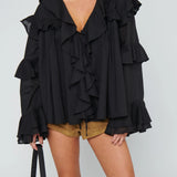 {MUMU} Joss Ruffle Top - Black Voile